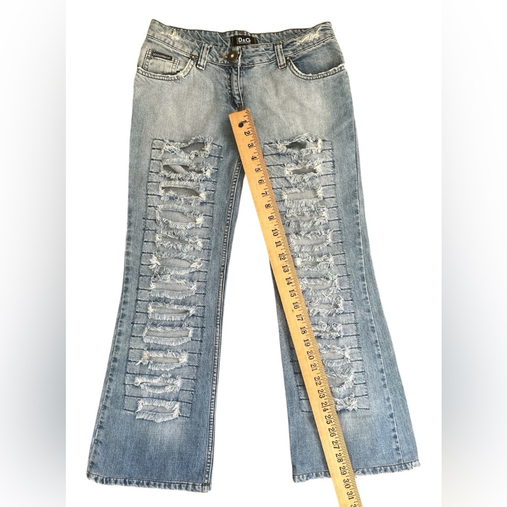 Archive Dolce Gabbana Poem Distressed Blue Denim Jeans 30 Rhinestone Y2K Flare - Picture 9 of 10